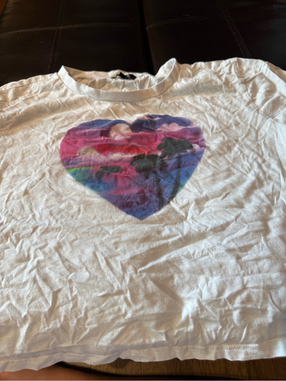 dELiA*s White Crop Tee with Pink Purple and Blue Heart Graphic